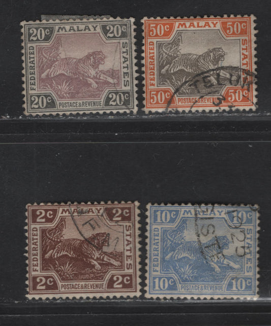 Lot 168 (C) Federated Malay States SG#54, 65, 69a, 74b 2c - 50c Brown - Black & Orange Brown Tiger, 1922-1934 Malay Tiger Keyplate Issue, 4 Fine/Very Fine Used Singles, Script CA Wmk