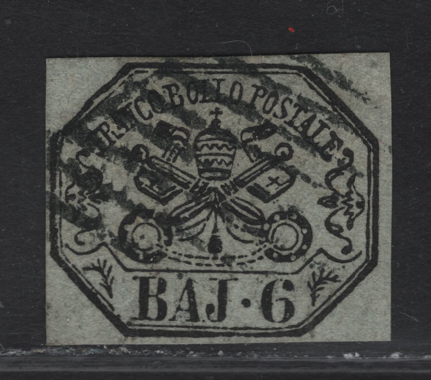 Lot 17 Roman States SC#7 6baj Black on Greenish Gray Papal Arms, 1852 Arms Issue, A Very Fine Used Single, Full Margin At Right, Rest Close But Clear, Displaying All 13 Characteristics Of The Genuine Stamp