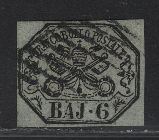 Lot 17 Roman States SC#7 6baj Black on Greenish Gray Papal Arms, 1852 Arms Issue, A Very Fine Used Single, Full Margin At Right, Rest Close But Clear, Displaying All 13 Characteristics Of The Genuine Stamp