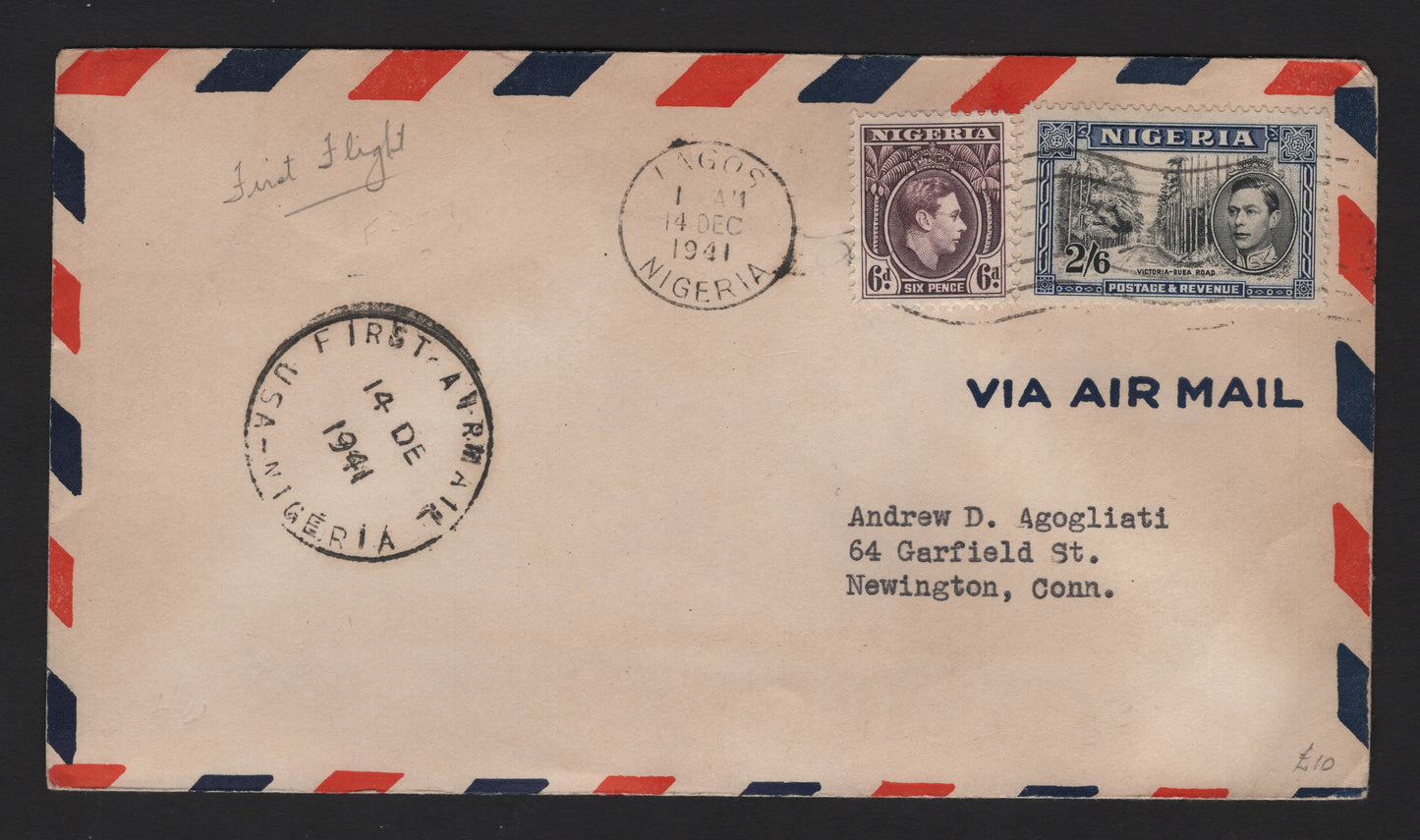 Lot 177 Nigeria SG#55, 58 6d - 2/6 Deep Plum - Black & Blue King George VI - Victoria-Buea Road, 1938-1951 KGVI Pictorial Issue, A Fine/Very Fine Used Cover, Combination Usage On December 1941 First Flight Cover to USA, Perf 13x11.5
