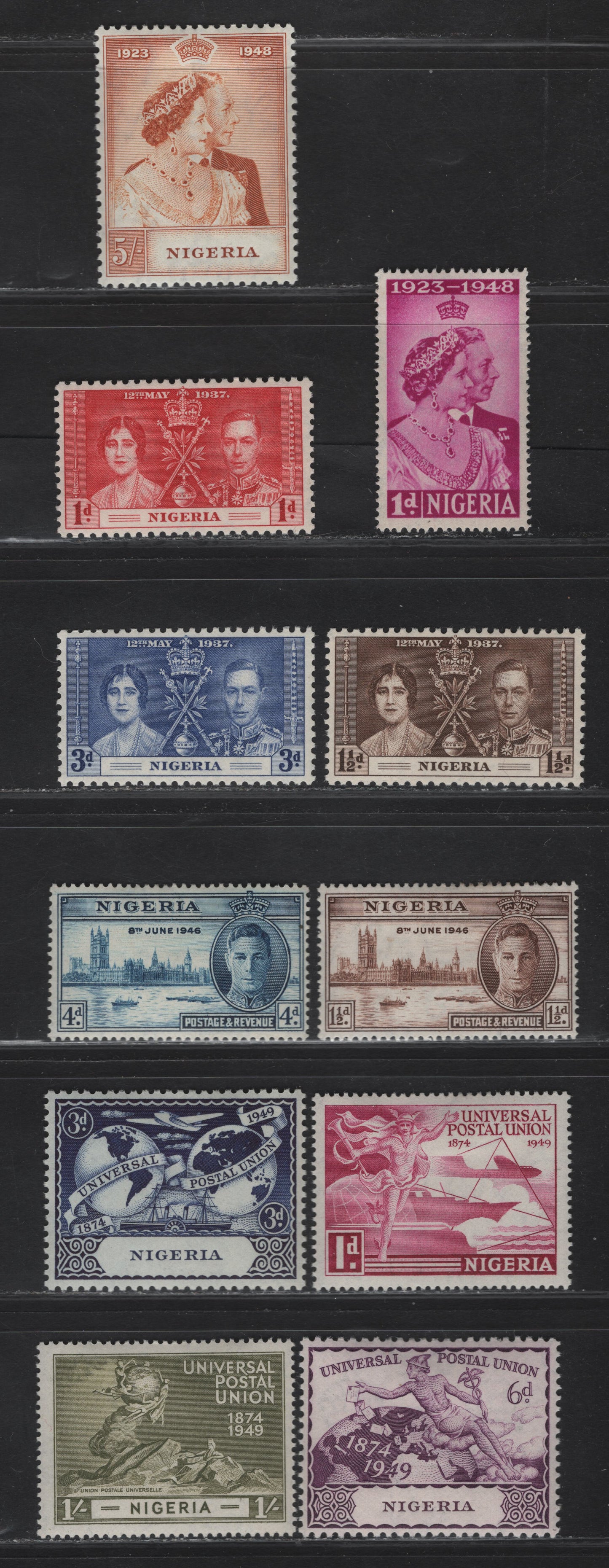 Lot 180 Nigeria SG#46-48, 60-67 1d - 1/- Carmine - Olive King George VI & Queen Elizabeth - Monument, 1937-1949 Coronation - UPU Issues, 11 VFOG Singles