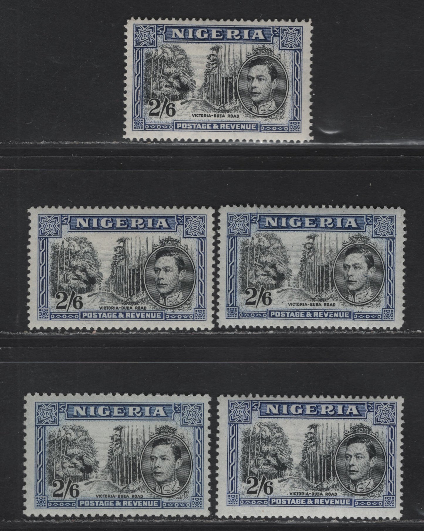 Lot 181 Nigeria SG#58a-c 2/6 Black & Blue King George VI, 1938-1951 KGVI Pictorial Issue, 5 F/VFNH Singles, Perfs 14, 13.5 & 12, Various Wartime Printings