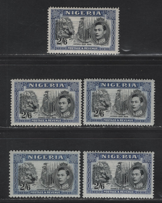 Lot 181 Nigeria SG#58a-c 2/6 Black & Blue King George VI, 1938-1951 KGVI Pictorial Issue, 5 F/VFNH Singles, Perfs 14, 13.5 & 12, Various Wartime Printings