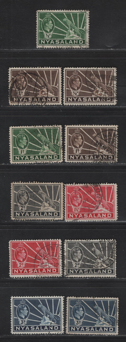 Lot 185 Nyasaland SG#130-a, 131,b, 132, 133-a, 134 1/2d - 3d Green - Blue Symbol of the Protectorate, 1938-1944 Symbol of the Protectorate Issue, 11 Fine/Very Fine Used Singles, Various Printings