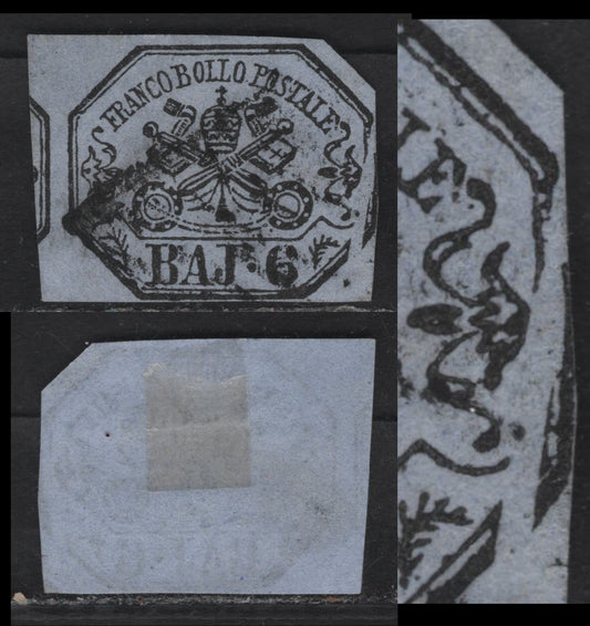 Lot 18 Roman States SC#7b 6baj Black on Greenish Gray Papal Arms, 1852 Arms Issue, A Fine Used Single, Margins Close ToTouching On 3 Sides, Cut To Shape At UR, But Oversized At Left, Displaying All 12 Characteristics Of The Genuine Stamp.