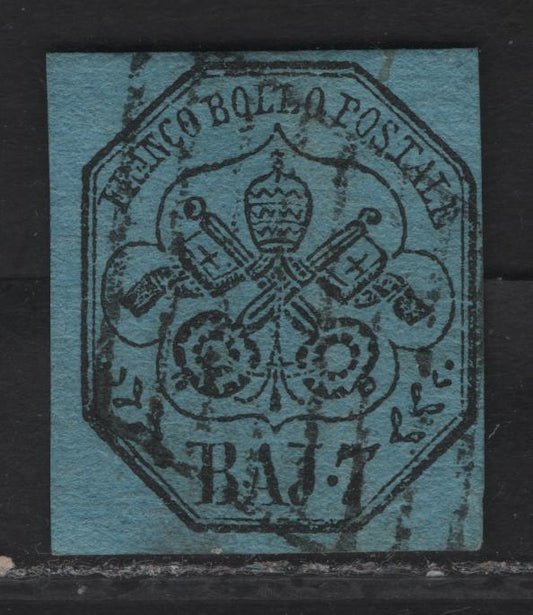 Lot 19 Roman States SC#8 7baj Black on Blue Papal Arms, 1852 Arms Issue, A Very Fine Used Single, Displaying All 10 Characteristics Of The Genuine Stamp, Full Margin At Bottom, Oversized On Left & Close But Clear At Rest