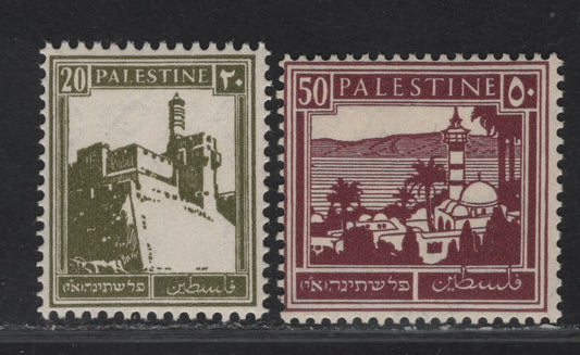Palestine SG#99, 100a 20m - 50m Dull Olive Green - Bright Purple Citadel - Sea of Galilee, 1927-1945 Pictorial Keyplate Issue, 2 F/VFNH Singles, Opaque White Paper