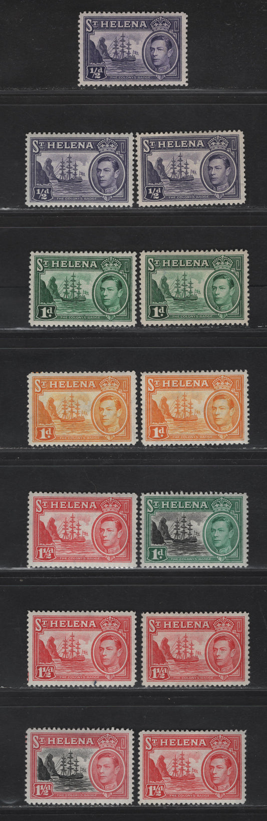 Lot 193 (C) St Helena SG#131-133, 149-150 1/2d - 1.5d Violet - Black & Carmine Badge of St Helena, 1938-1949 Badge of St Helena Issue, 13 VFOG Singles, Different Printings, Slight Shade & Paper Differences