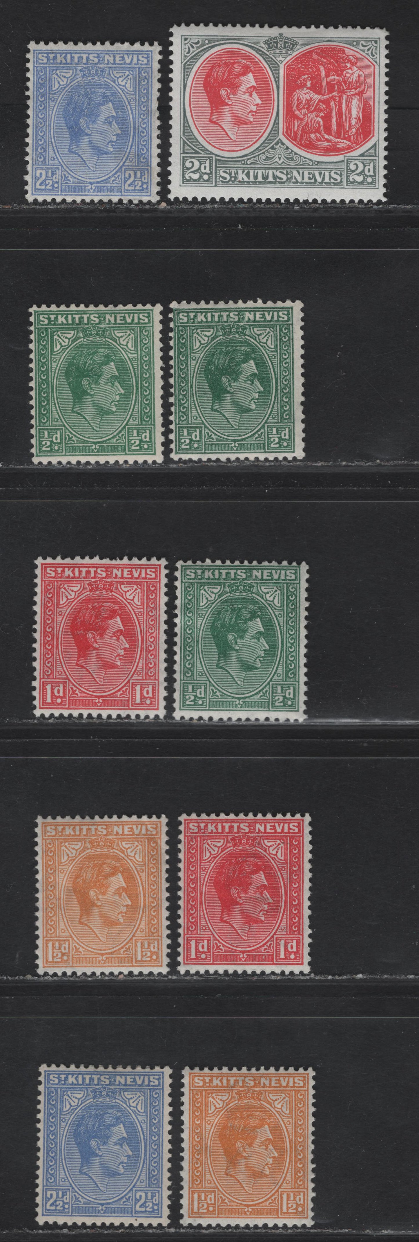 Lot 195 (C) St Kitts & Nevis SG#68-a, 69a, 70, 72-a, 71b 1/2d - 2.5d Green - Bright Ultramarine King George VI - Medicinal Spring, 1938-1950 KGVI Keyplates Issue, 7 F/VFOG Singles, 1938 & 1943 Printings