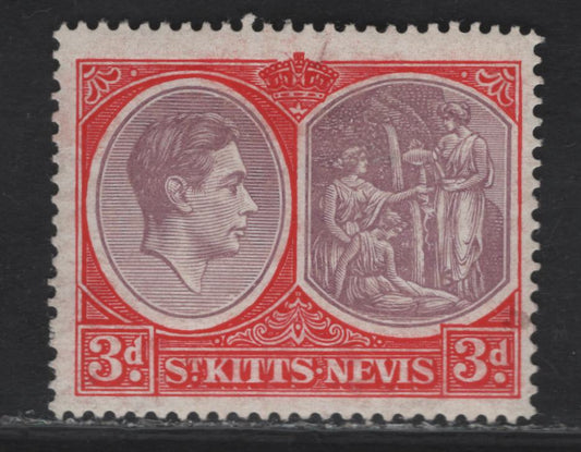 Lot 196 (C) St Kitts & Nevis SG#73d 3d Purple & Bright Scarlet King George VI & Medicinal Spring, 1938-1950 KGVI Keyplates Issue, A VFOG Single, Ordinary Paper, Perf 14