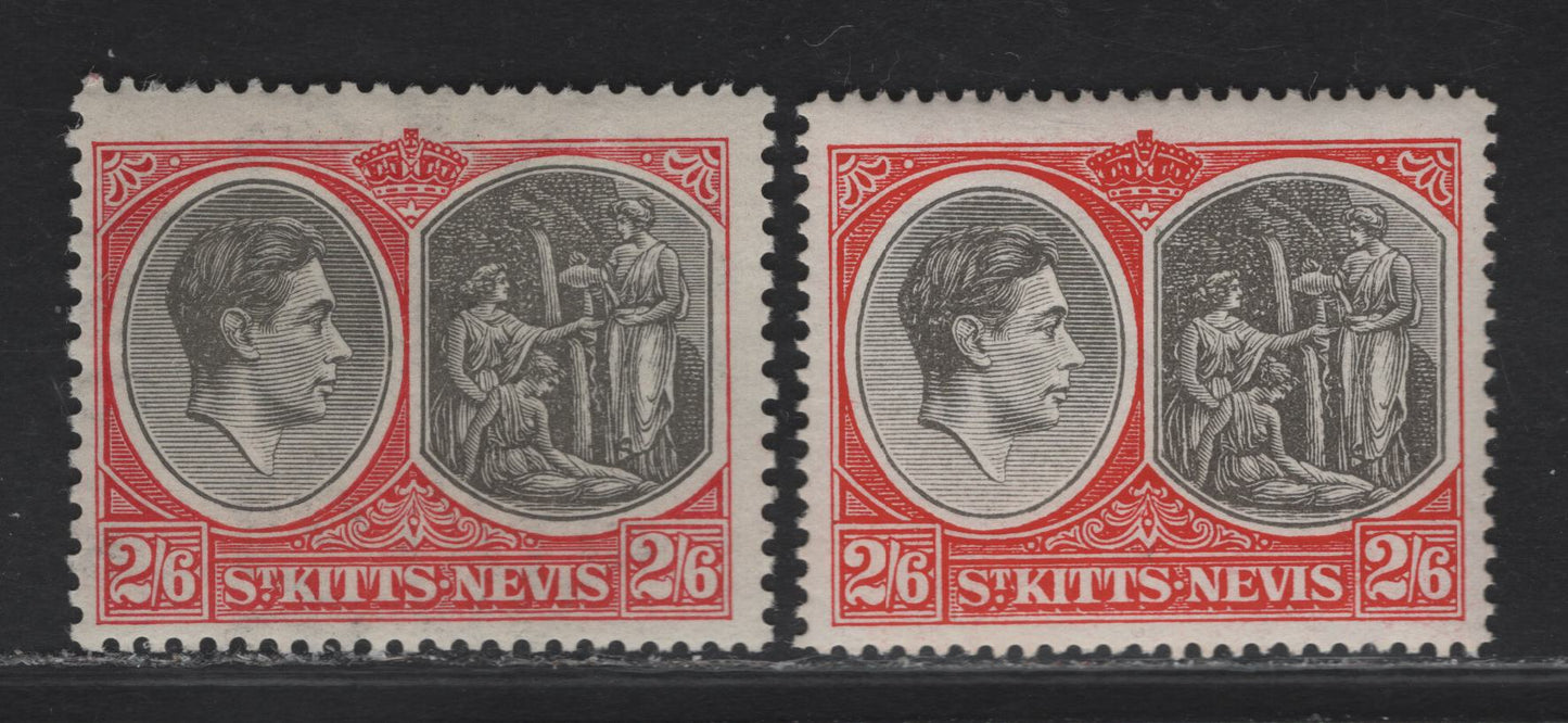 Lot 197 St Kitts & Nevis SG#76, 76ab 2/6 Black & Scarlet King George VI & Medicinal Spring, 1938-1950 KGVI Keyplates Issue, 2 F/VFOG Singles, Perf 13x12 & 14, Ordinary Paper