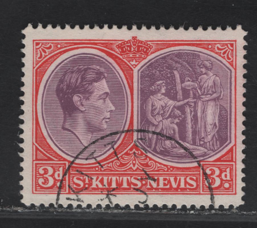 Lot 199 St Kitts & Nevis SG#73g 3d Deep Reddish Purple & Bright Scarlet King George VI & Medicinal Spring, 1938-1950 KGVI Keyplates Issue, A Very Fine Used Single, Perf 14, Chalky Paper, August 1950 Printing.