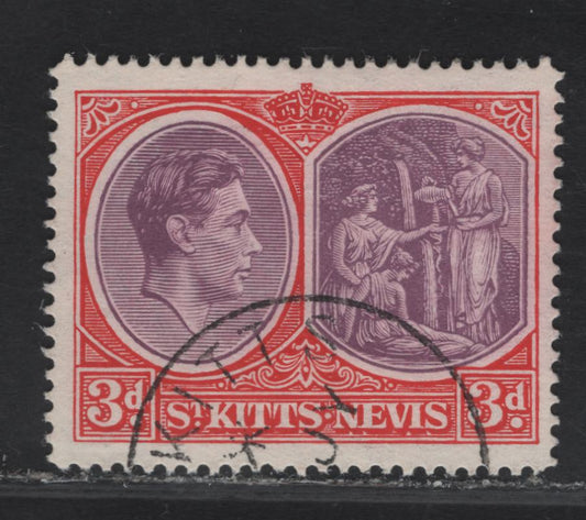 Lot 199 St Kitts & Nevis SG#73g 3d Deep Reddish Purple & Bright Scarlet King George VI & Medicinal Spring, 1938-1950 KGVI Keyplates Issue, A Very Fine Used Single, Perf 14, Chalky Paper, August 1950 Printing.