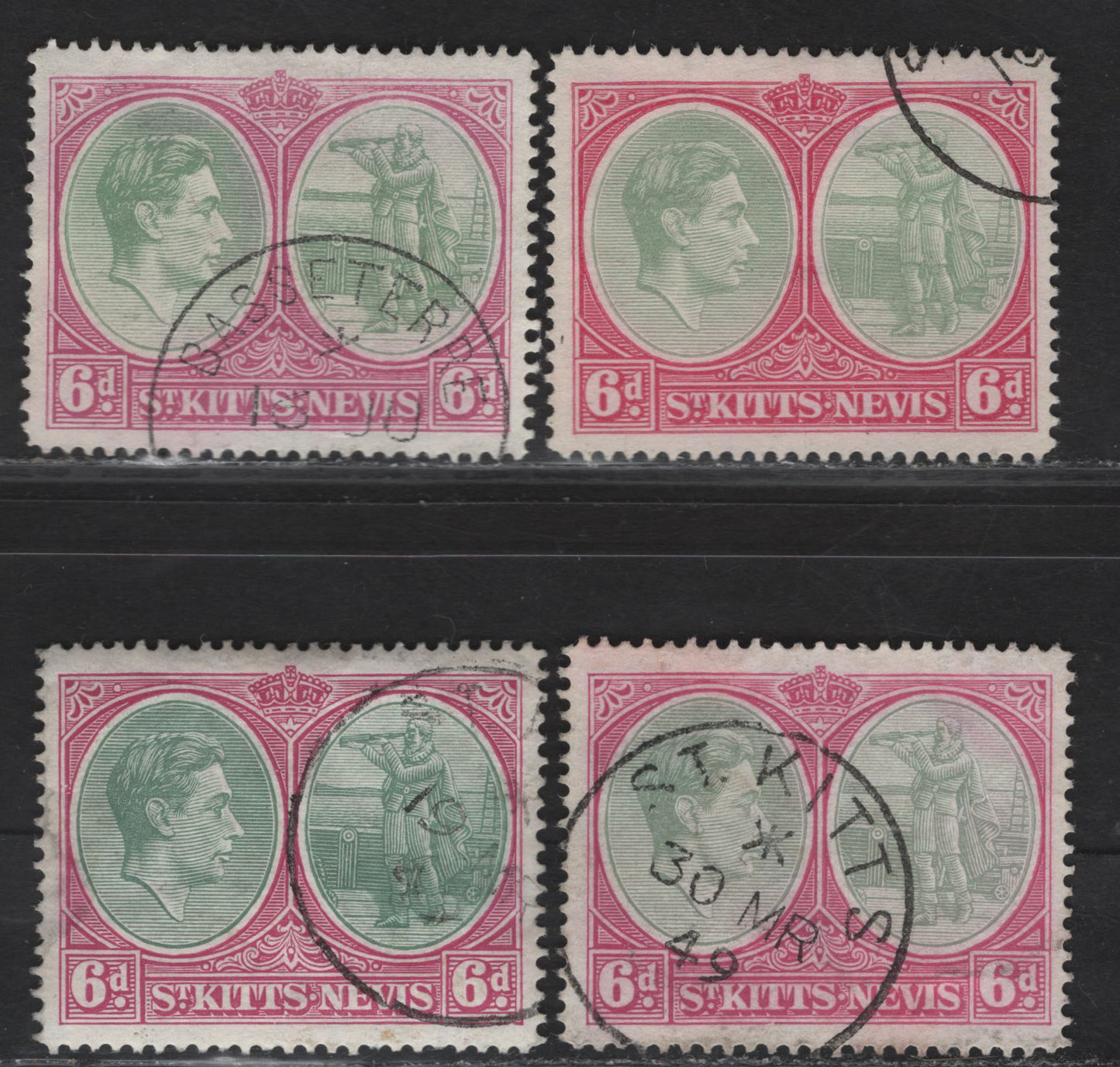 Lot 200 (C) St Kitts & Nevis SG#74c 6d Green & Purple King George VI & Christopher Columbus, 1938-1950 KGVI Keyplates Issue, 4 Very Fine Used Singles, 4 Different Shades, Perf 14, Ordinary Paper.