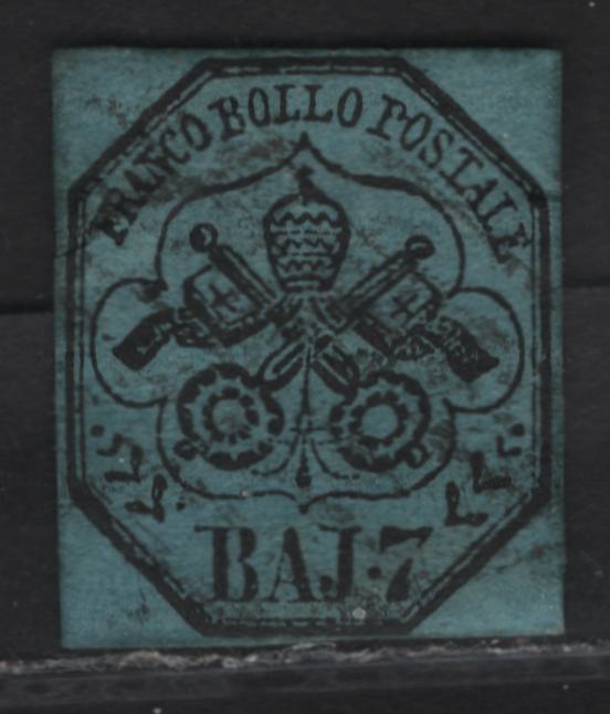 Lot 20 Roman States SC#8 7baj Black on Blue Papal Arms, 1852 Arms Issue, A Fine Used Single, Displaying All 10 Characteristics Of The Genuine Stamp, All Close Bur Clear Margins, Small Internal Wrinkle At UL.