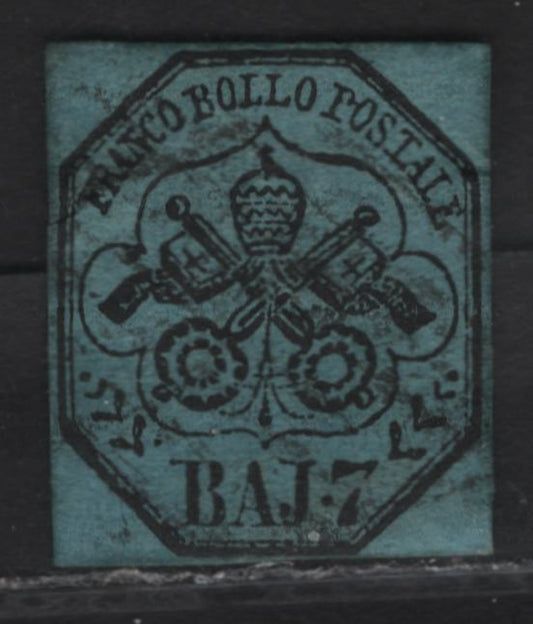 Lot 20 Roman States SC#8 7baj Black on Blue Papal Arms, 1852 Arms Issue, A Fine Used Single, Displaying All 10 Characteristics Of The Genuine Stamp, All Close Bur Clear Margins, Small Internal Wrinkle At UL.