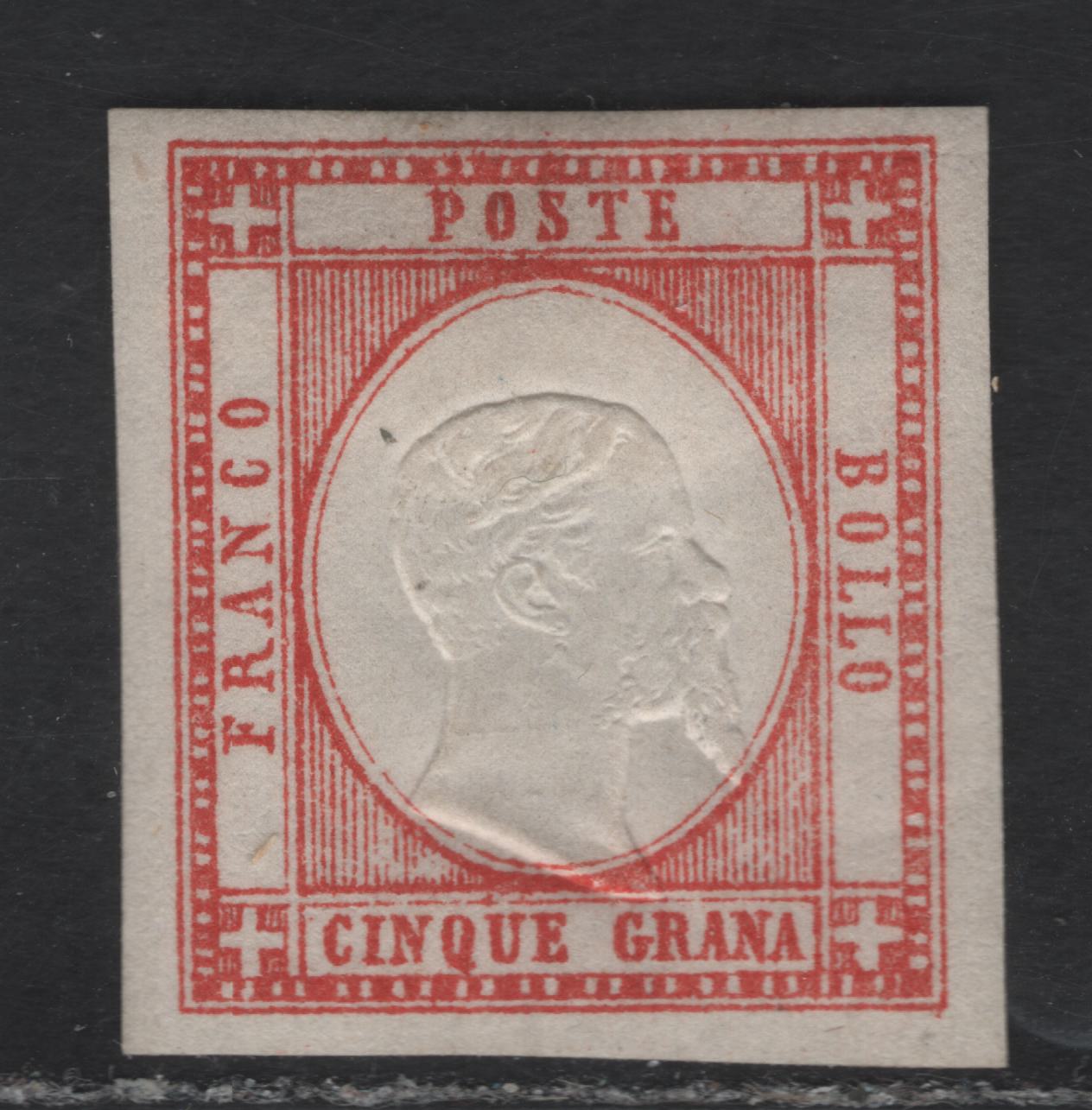 Lot 2 Neapolitan Provinces SC#23a 5g Vermillion King Victor Emmanuel II, 1861 King Victor Emmanuel II Issue, A VFOG Single, Full Margins On 3 Sides, Slightly Less At Top