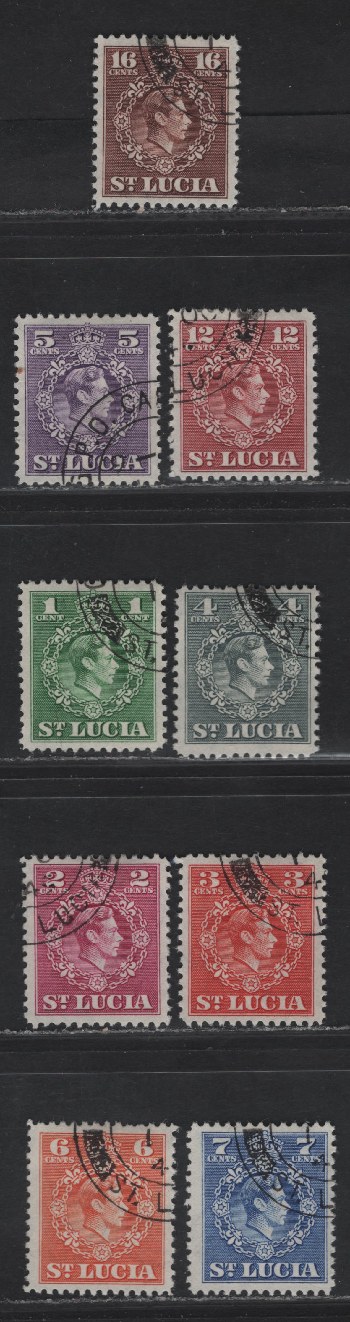 Lot 201 St Lucia SG#146-154 1c - 16c Green - Brown King George VI, 1949-1950 KGVI Definitives In Cents Issue, 9 Fine/Very Fine Used Singles