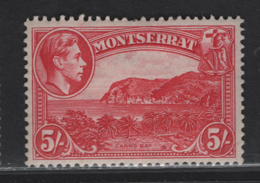 Lot 204 Montserrat SG#110 5/- Rose Carmine - Gray Green Carr's Bay, 1938-1948 KGVI Pictorial Issue, A VFOG Single, Perf 13x12 & 14, 1938 Printings