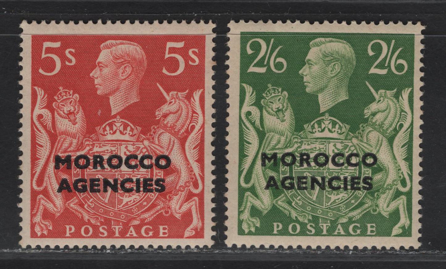 Lot 205 (C) Morocco Agencies SG#92-93 2/6 - 5/- Yellow Green - Red King George VI, 1949 Overprinted G.B Dulac Definitives, 2 FNH Singles, Significant Gum Toning