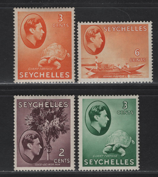 Lot 208 Seychelles SG#135-136a, 137 2c - 26c Purple Brown - Orange Coco-de-mer Palm - Fishing Pirogue, 1938-1949 KGVI Photogravure Pictorial Issue, 4 F/VFOG Singles, Chalky Paper 1938 & 1941 Printings .