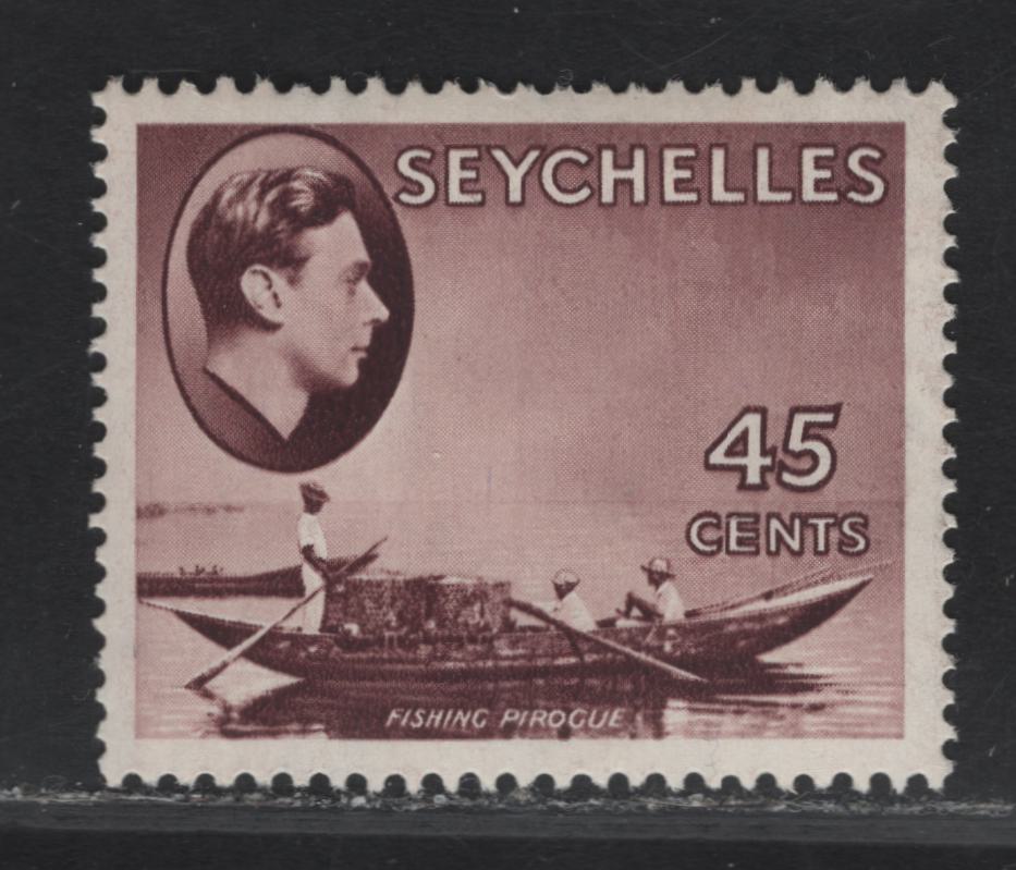 Lot 209 (C) Seychelles SG#143b 45c Purple Brown Fishing Pirogue, 1938-1949 KGVI Photogravure Pictorial Issue, A FOG Single, Chalky Paper, 1949 Printing