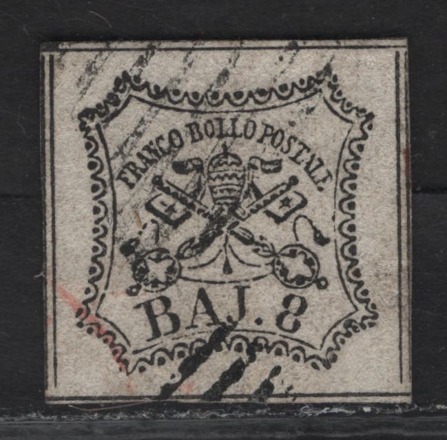 Lot 21 Roman States SC#9 8baj Black Papal Arms, 1852 Arms Issue, An Extremely Fine Used Single, Double Dividing Lines On All Sides