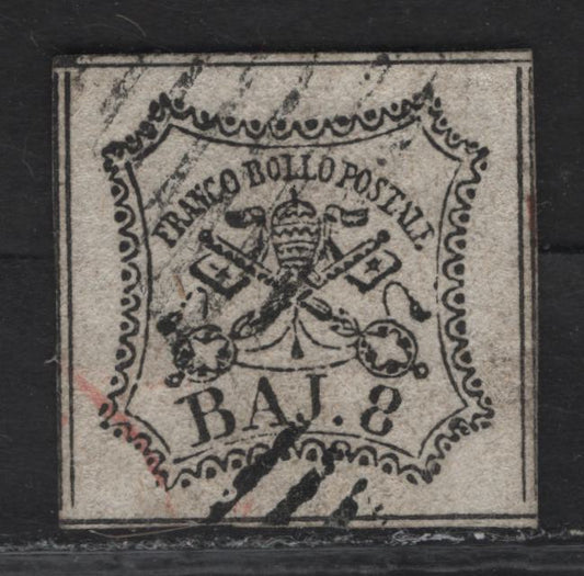 Lot 21 Roman States SC#9 8baj Black Papal Arms, 1852 Arms Issue, An Extremely Fine Used Single, Double Dividing Lines On All Sides