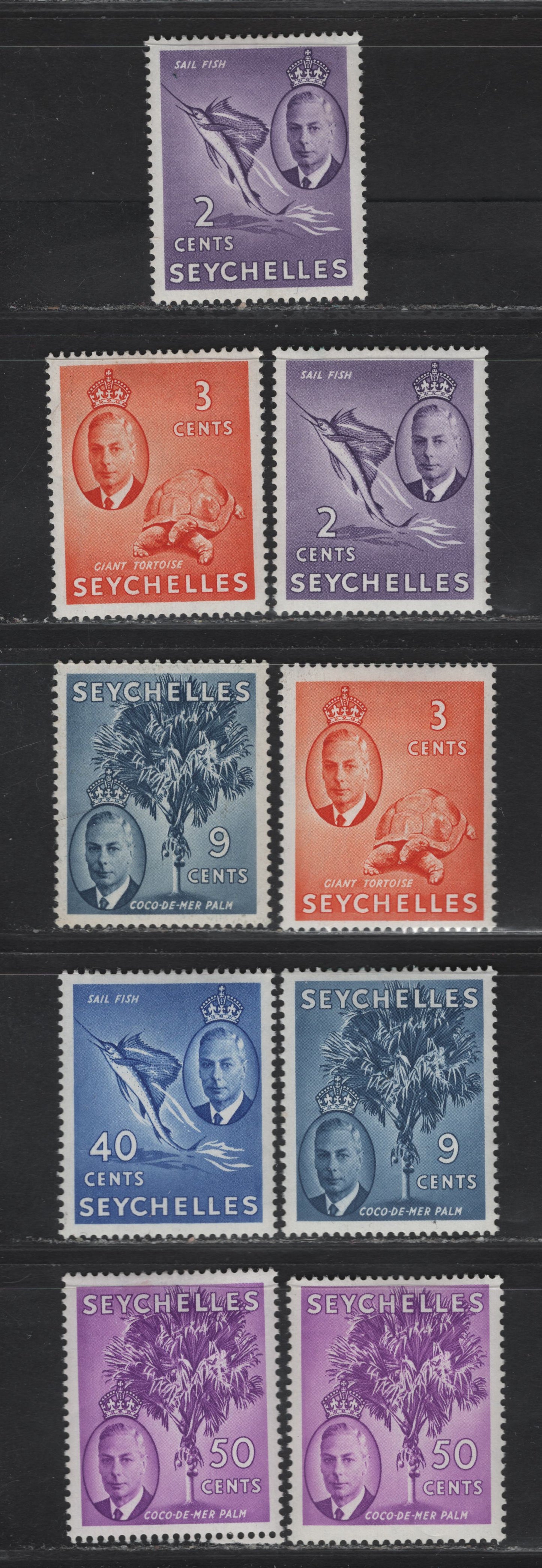 Lot 212 Seychelles SG#158-160, 165, 167 2c - 50c Lilac- Reddish Violet Sailfish - Map Of Indian Ocean, 1952 KGVI Photogravure Issue, 9 VFOG Singles, Different Printings Showing Slightly Different Shades