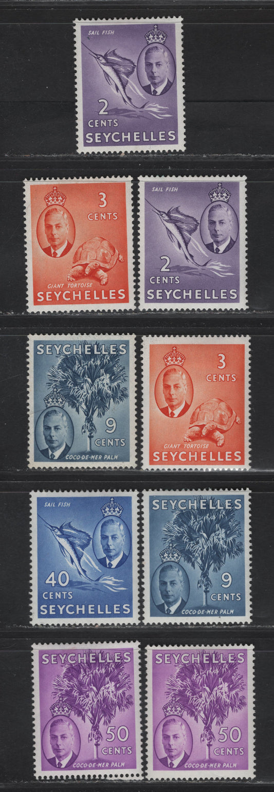 Lot 212 Seychelles SG#158-160, 165, 167 2c - 50c Lilac- Reddish Violet Sailfish - Map Of Indian Ocean, 1952 KGVI Photogravure Issue, 9 VFOG Singles, Different Printings Showing Slightly Different Shades