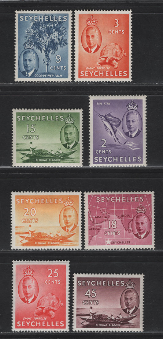 Lot 213 Seychelles SG#158-164, 166 2c - 45c Lilac - Purple Brown Sailfish - Map Of Indian Ocean, 1952 KGVI Photogravure Issue, 8 VFOG Singles