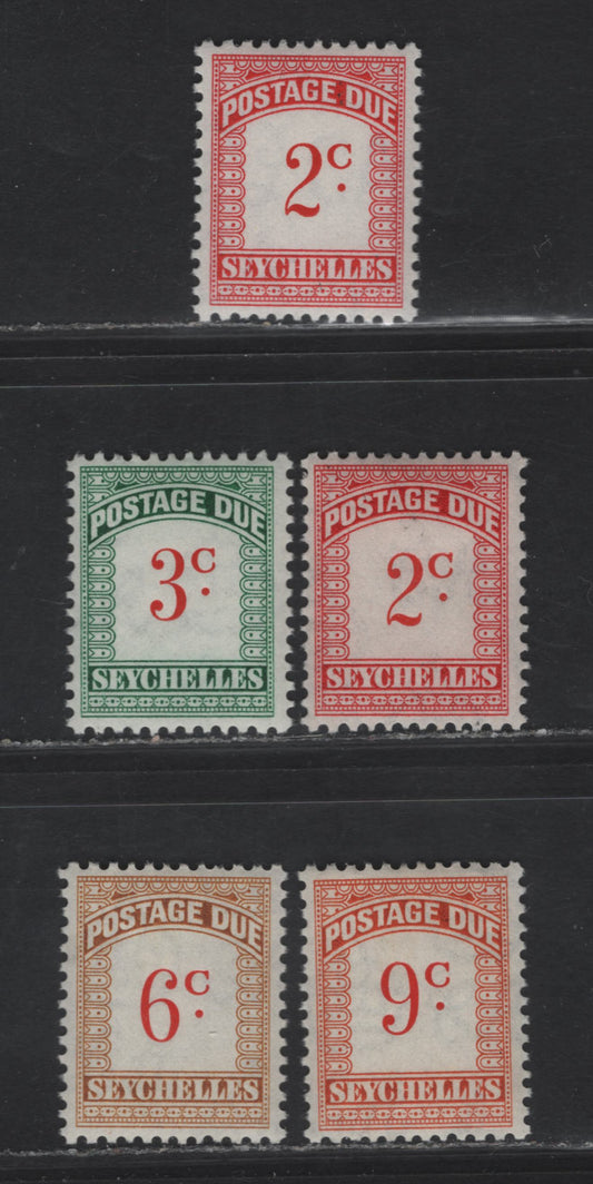 Seychelles SG#D1-D4, D9 2c - 9c Scarlet & Carmine - Scarlet & Orange Numerals, 1951-1964 Postage Dues, 5 VFOG Singles, Script CA & Block CA Wmks