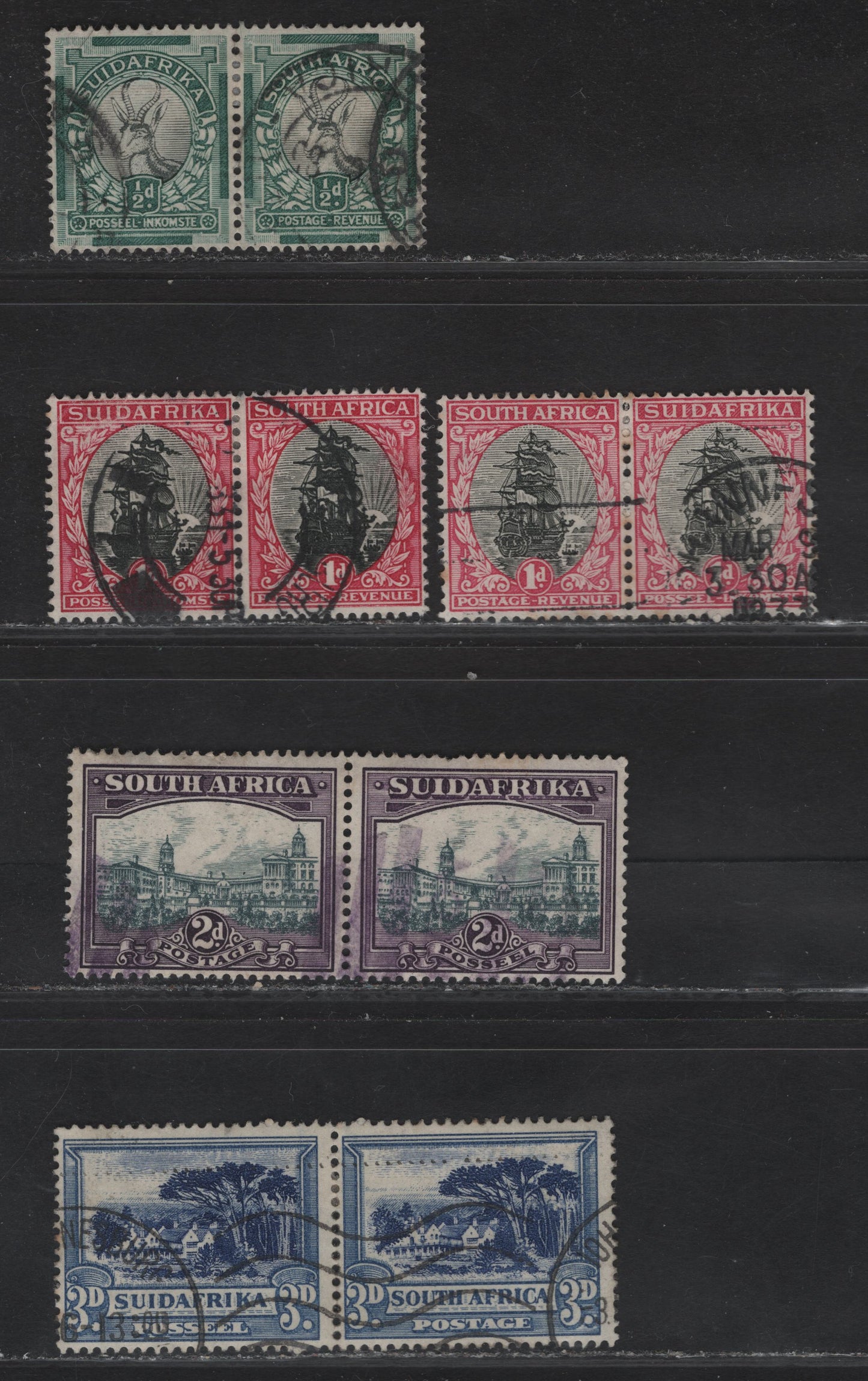 Lot 216 (C) South Africa SG#42-43,d, 44, 45cw 1/2d - 3d Black & Green - Blue Springbok - Groot Shuur, 1930-1944 Photogravure Pictorial Issue, 5 Fine/Very Fine Used Singles, 1d Dies 1 & 2, 3d Inverted Wmk, Suidafrika Shown As One Word.