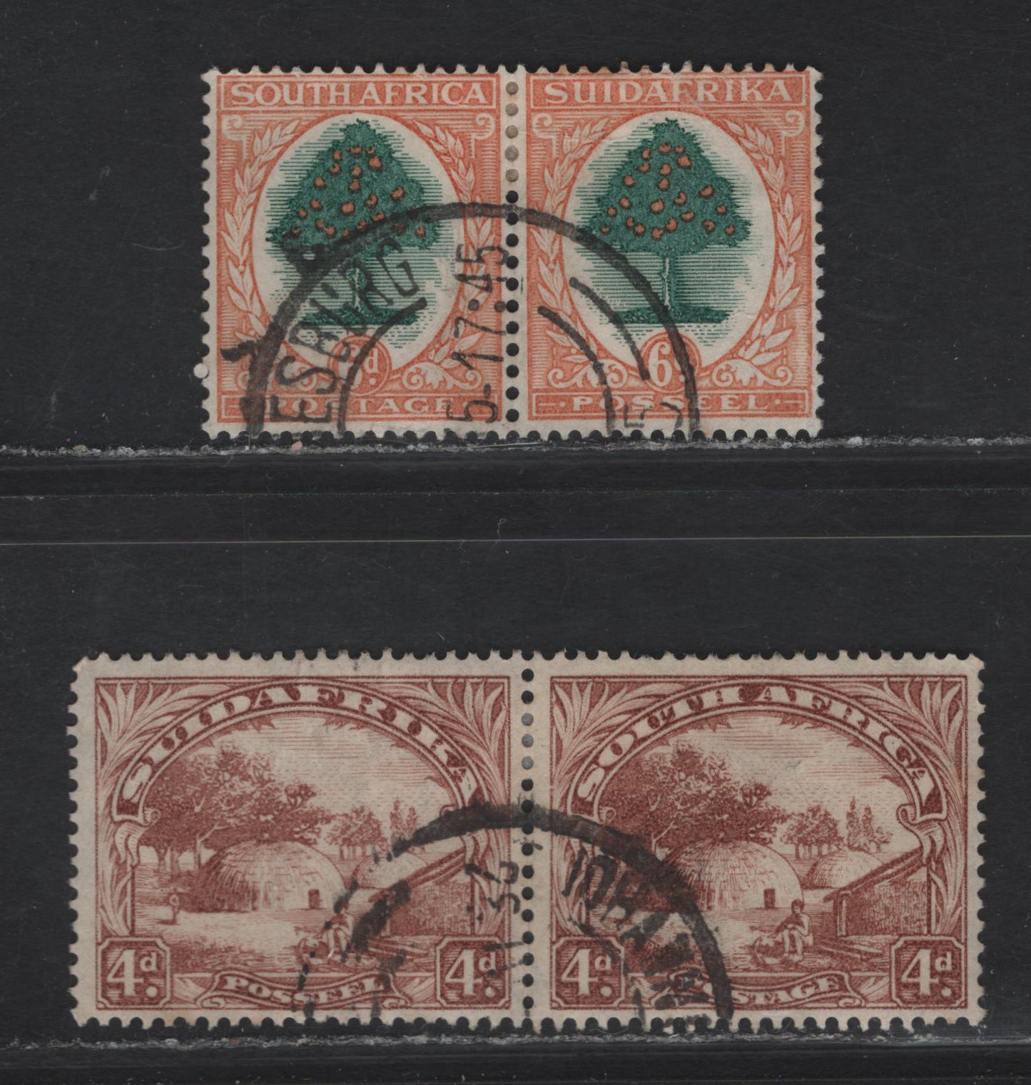 Lot 218 (C) South Africa SG#46c, 47w 4d - 6d Light Brown - Green & Orange Native Kraal - Orange Tree, 1930-1944 Photogravure Pictorial Issue, 2 Fine/Very Fine Used Singles, 4d Redrawn, 6d Upright Wmk, Suidafrika Shown As One Word.