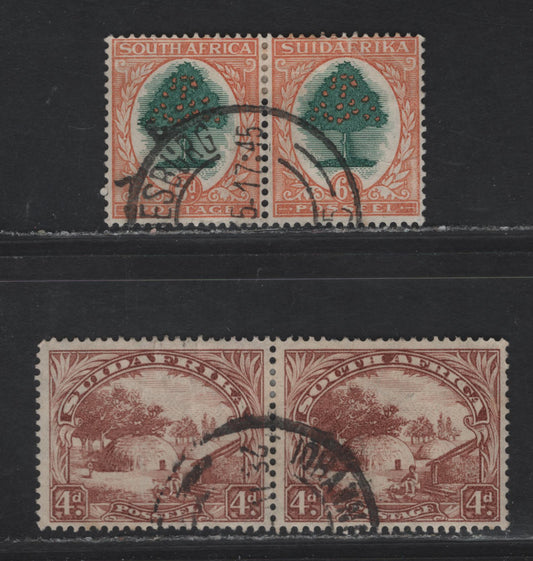 Lot 218 (C) South Africa SG#46c, 47w 4d - 6d Light Brown - Green & Orange Native Kraal - Orange Tree, 1930-1944 Photogravure Pictorial Issue, 2 Fine/Very Fine Used Singles, 4d Redrawn, 6d Upright Wmk, Suidafrika Shown As One Word.