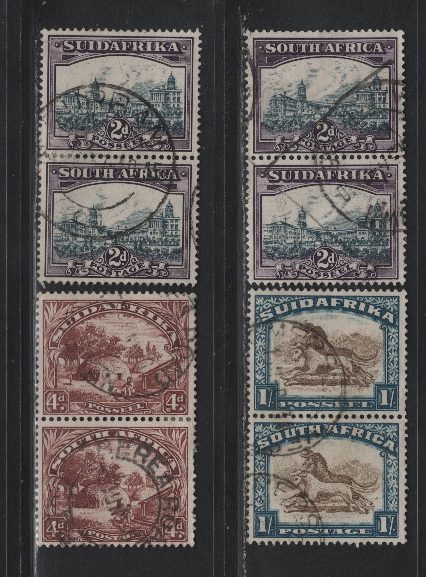 Lot 219 (C) South Africa SG#44, 46c, 48 2d - 4d Slate Gray & Lilac - Olive Brown & Greenish Blue Native Kraal - Orange Tree, 1930-1944 Photogravure Pictorial Issue, 4 Fine/Very Fine Used Vertical Pairs, Suidafrika Shown As One Word