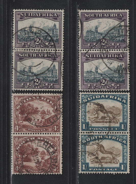 Lot 219 (C) South Africa SG#44, 46c, 48 2d - 4d Slate Gray & Lilac - Olive Brown & Greenish Blue Native Kraal - Orange Tree, 1930-1944 Photogravure Pictorial Issue, 4 Fine/Very Fine Used Vertical Pairs, Suidafrika Shown As One Word