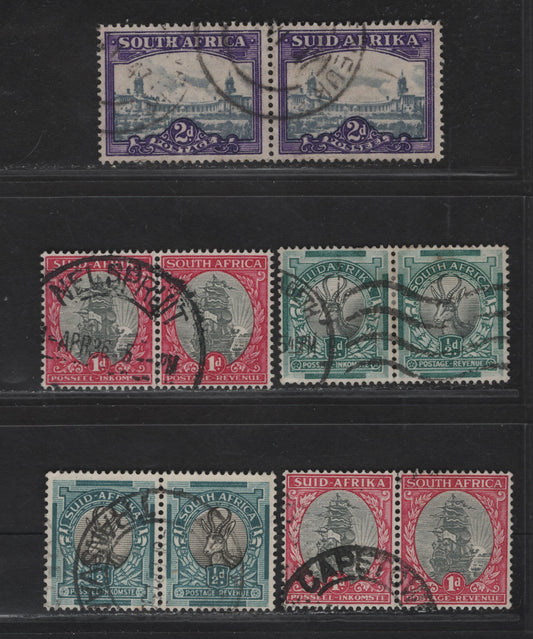 Lot 220 (C) South Africa SG#54aw, 56aw, 107b 1/2d - 2d Gray & Green - Gray & Carmine Spinkgbok - Union Buildings, 1933-1948 Photogravure Pictorial Issue, 5 Fine/Very Fine Used Horizontal Pairs, Suidafrika Hyphenated