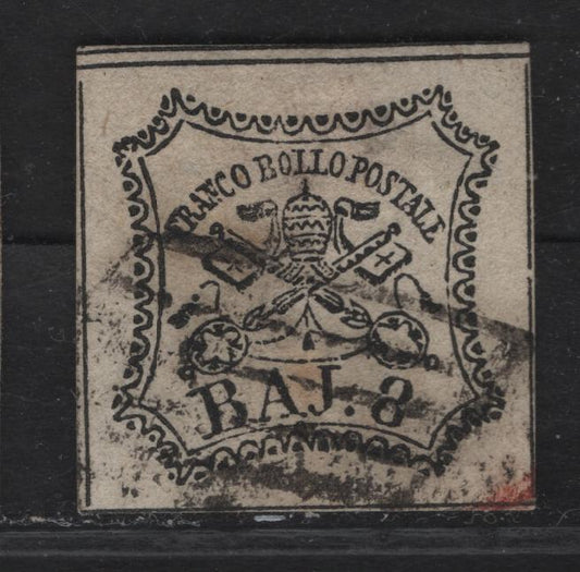 Lot 22 Roman States SC#9 8baj Black Papal Arms, 1852 Arms Issue, A Very Fine Used Single, Full Margins On All Sides, Traces Of Dividing Lines On All 4 Sides
