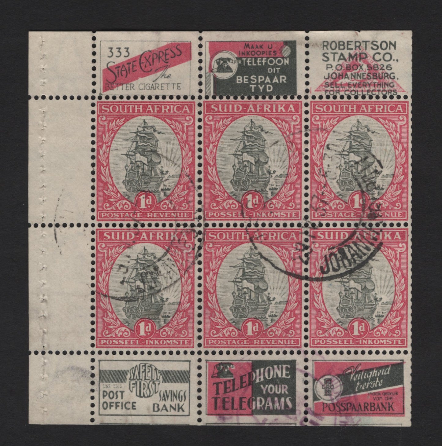 Lot 221 South Africa SG#56e 1d Gray & Rose Carmine Orange Tree, 1933-1948 Photogravure Pictorial Issue, A Very Fine Used Booklet Pane, Adverts In Margins, Suidafrika Hyphenated