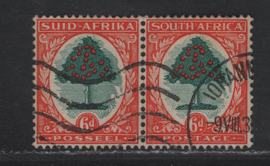 Lot 222 (C) South Africa SG#61 6d Green & Vermillion Orange Tree, 1933-1948 Photogravure Pictorial Issue, A Very Fine Used Horizontal Pair, Die 1