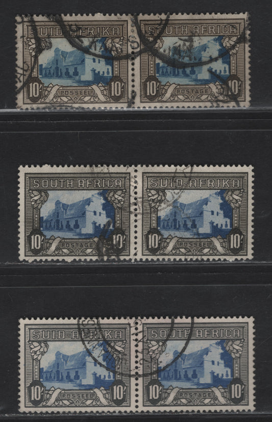 Lot 223 South Africa SG#64c, 64ca 10/- Blue & Sepia - Blue & Charcoal Ox-Wagon Outspanned - Groot Constantia, 1933-1948 Photogravure Pictorial Issue, 3 Fine/Very Fine Used Singles, Two Shades of Blue & Charcoal