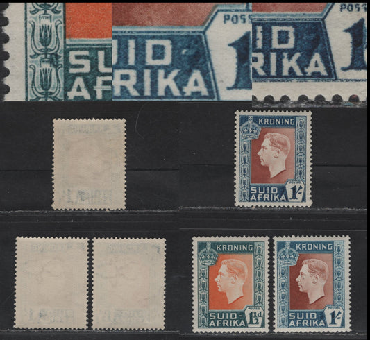 Lot 224 South Africa SG#73a, 75a 1.5d - 1/- Orange & Greenish Blue - Red Brown & Turquoise Blue King George VI, 1937 Coronation Issue, 3 VFNH Singles, Mouse Flaw & Missing Hyphen Flaws