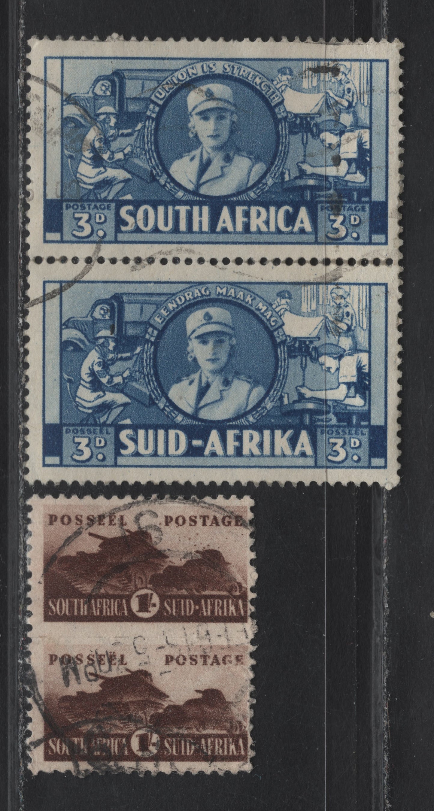 Lot 225 South Africa SG#91, 104 3d - 1/- Blue - Brown Women's Auxilliary Services - Tank Corps, 1941-1946 War Effort Issue, 2 Fine/Very Fine Used Pairs