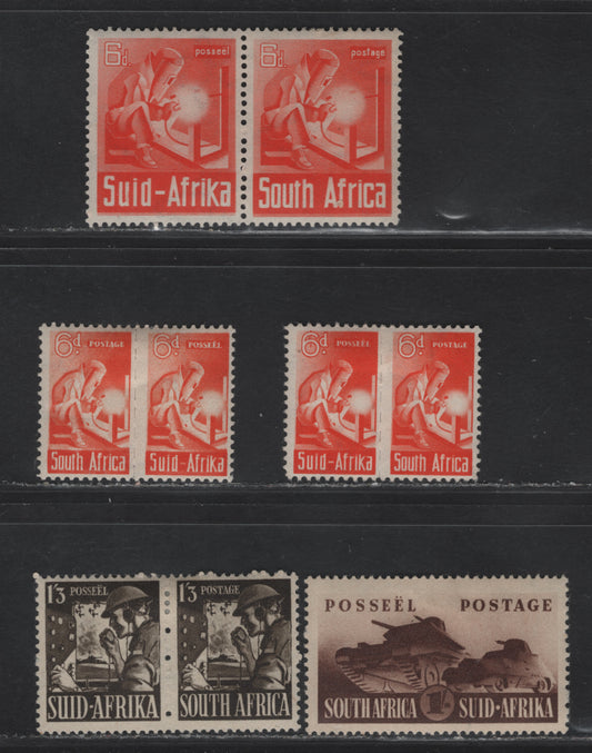 Lot 226 South Africa SG#93-94, 96, 102 6d - 1/- Orange - Brown Electric Welding, 1941-1946 War Effort Issue, 4 F/VFOG Pairs, Two Shades Of Smaller 6d