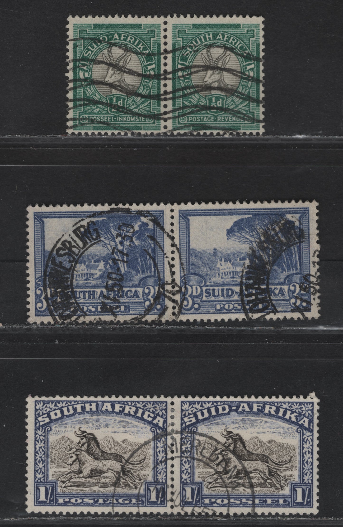 Lot 228 (C) South Africa SG#114, 117, 120a 1/2d - 1/- Gray & Green - Blackish Brown & Ultramarine Springbok - Black & Blue Wildebeest, 1947-1954 Screened Rotogravure Pictorial Issue, 3 Fine/Very Fine Used Horizontal Pairs