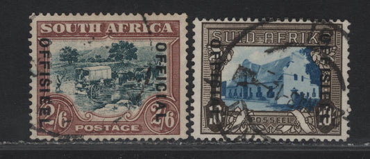 Lot 229 (C) South Africa SG#O19, O29 2/6 - 10/- Blue & Brown - Blue & Sepia Ox Wagon Inspanned - Groot Constantia, 1930-1949 Screened Rotogravure Pictorial Issue, 2 Very Fine Used Singles