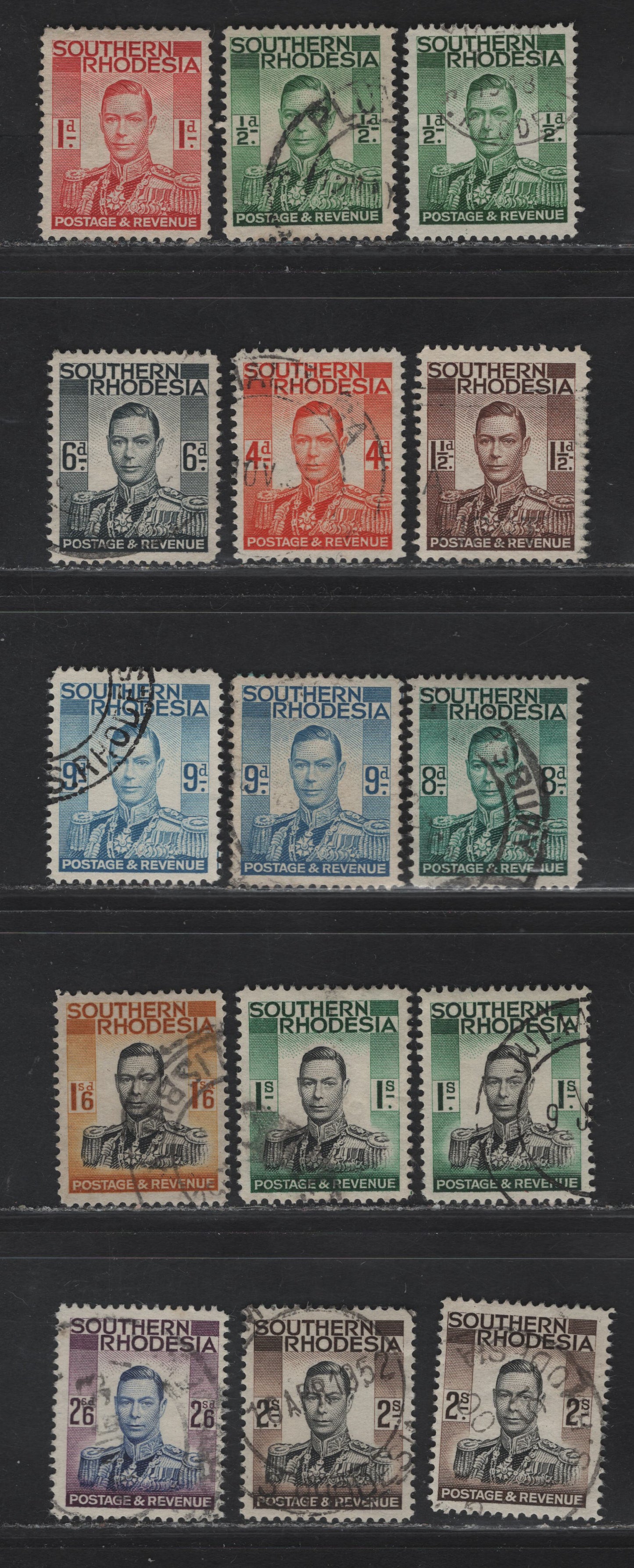 Lot 230 (C) Southern Rhodesia SG#40-51 1/2d - 2/6 Green - Ultramarine & Purple King George VI, 1937 KGVI Definitives, 15 Fine/Very Fine Used Singles, Extra Shade Varieties