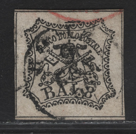 Lot 23 Roman States SC#9 8baj Black Papal Arms, 1852 Arms Issue, A Very Fine Used Single, Full Margins On All Sides, Dividing Lines On All 4 Sides