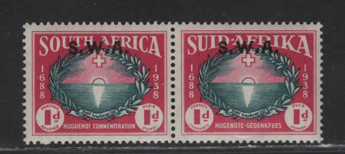 (C) South West Africa SG#112 1d+1d Green & Carmine Symbol of the Reformation, 1939 250th Anniv of Hugenot Landing, A VFOG Pair
